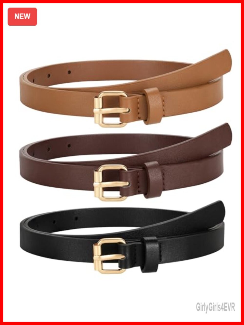 Women's Skinny PU Leather Belt 3 Pack, Thin Waist Belt with Gold Buckle
